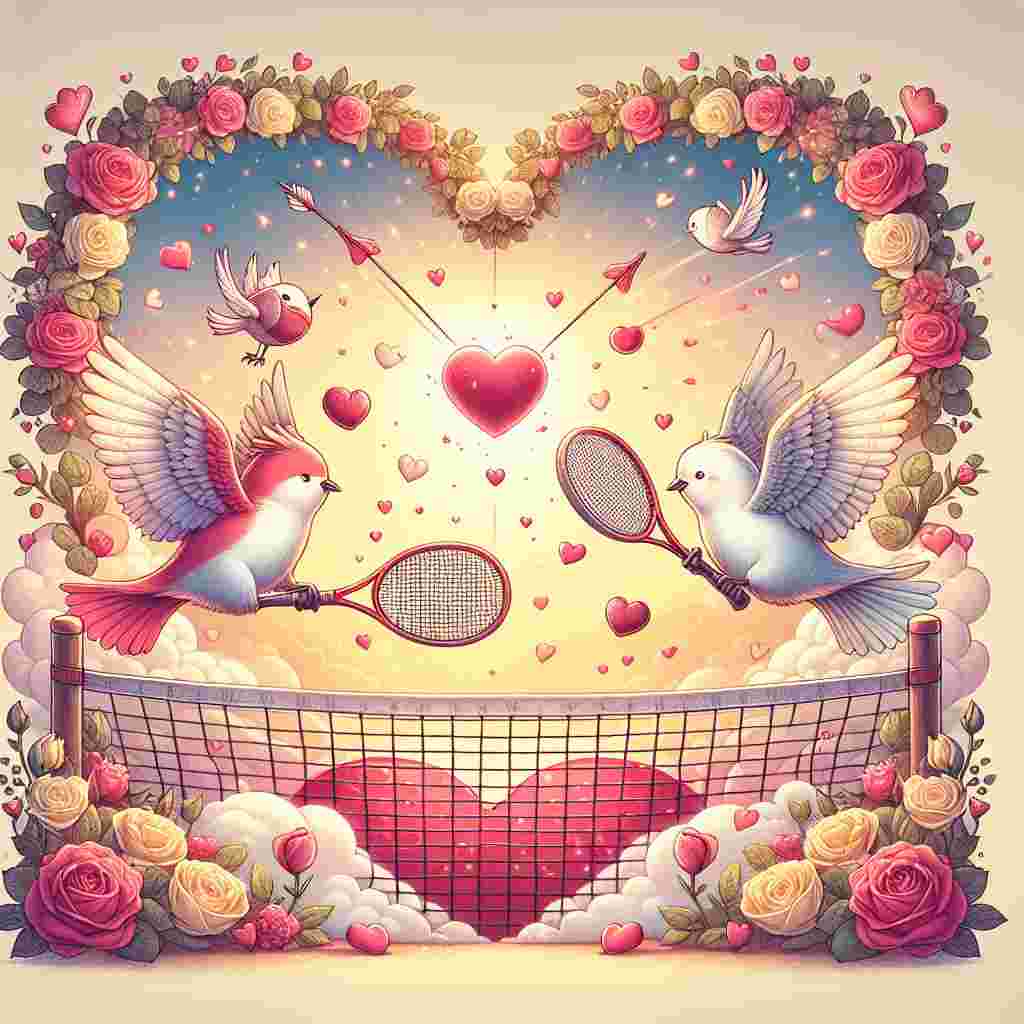 Create a lovely illustration for Valentine's Day. The central characters are two lovebirds, engaged in a tennis match on a heart-shaped court. The net separating the court is uniquely constructed from a collection of roses. The birds, employing their wings as rackets, are engaged in a playful exchange of a heart-shaped tennis ball. Each hit of the ball results in a vibrant shower of red and pink sparkles. Above, there's a sky bathing in soft, warm hues. The backdrop is adorned with flowers and themes suitable for Valentine's day such as symbolic Cupid's arrows and love letters scattered around.
Generated with these themes: Tennis birds .
Made with ❤️ by AI.