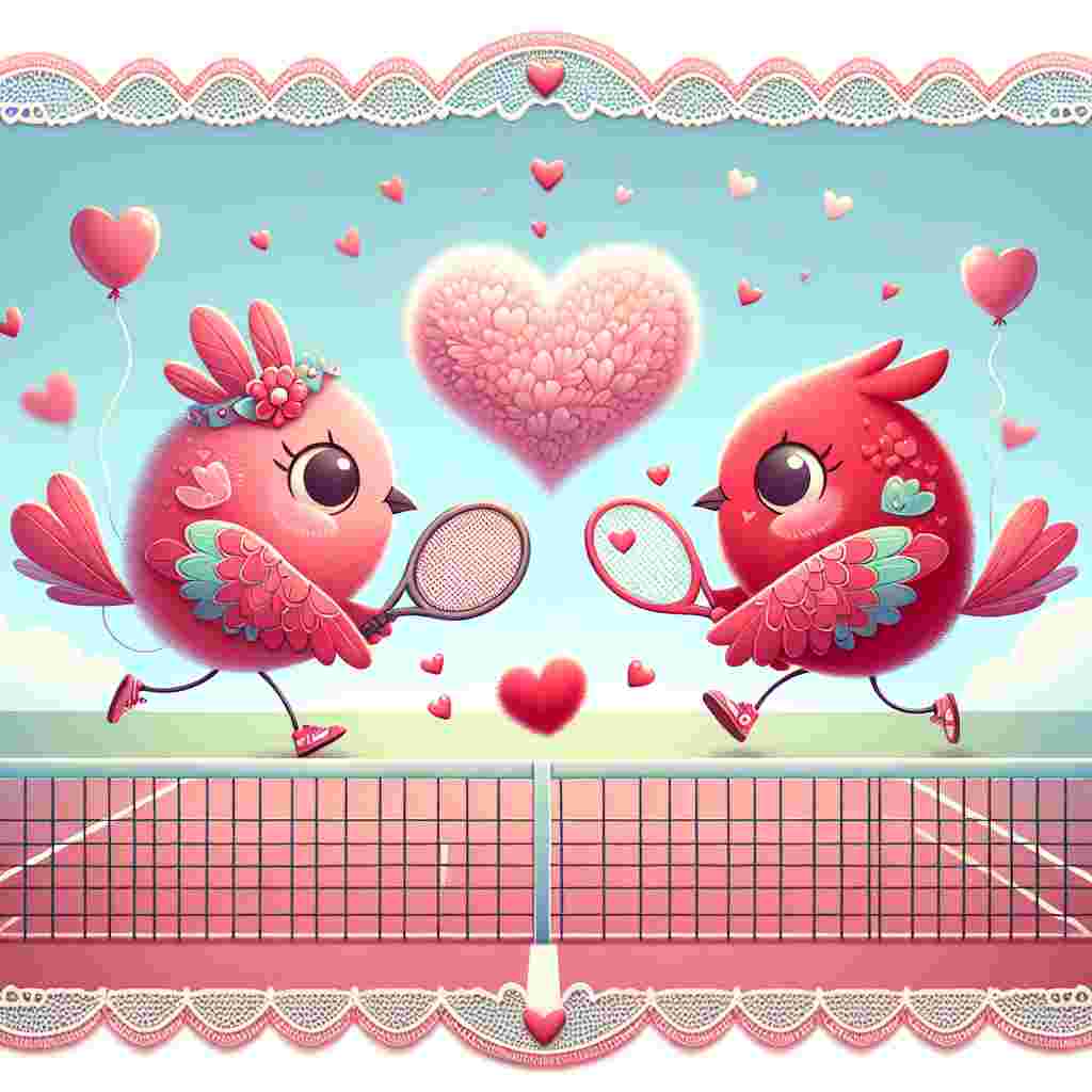 Create a charming image in the theme of Valentine's Day. It consists of two cartoonish birds, decked in feathers of festive red and pink hues, engaged in a friendly tennis game. They clutch rackets adorned with tiny hearts, batting a fluffy, heart-shaped ball towards each other. The tennis court has an imaginative design with it being a giant Valentine card, with a border mimicking lace as the outline. In the clear blue sky background, there are floating balloons in the shape of hearts, adding to the romantic atmosphere.
Generated with these themes: Tennis birds .
Made with ❤️ by AI.