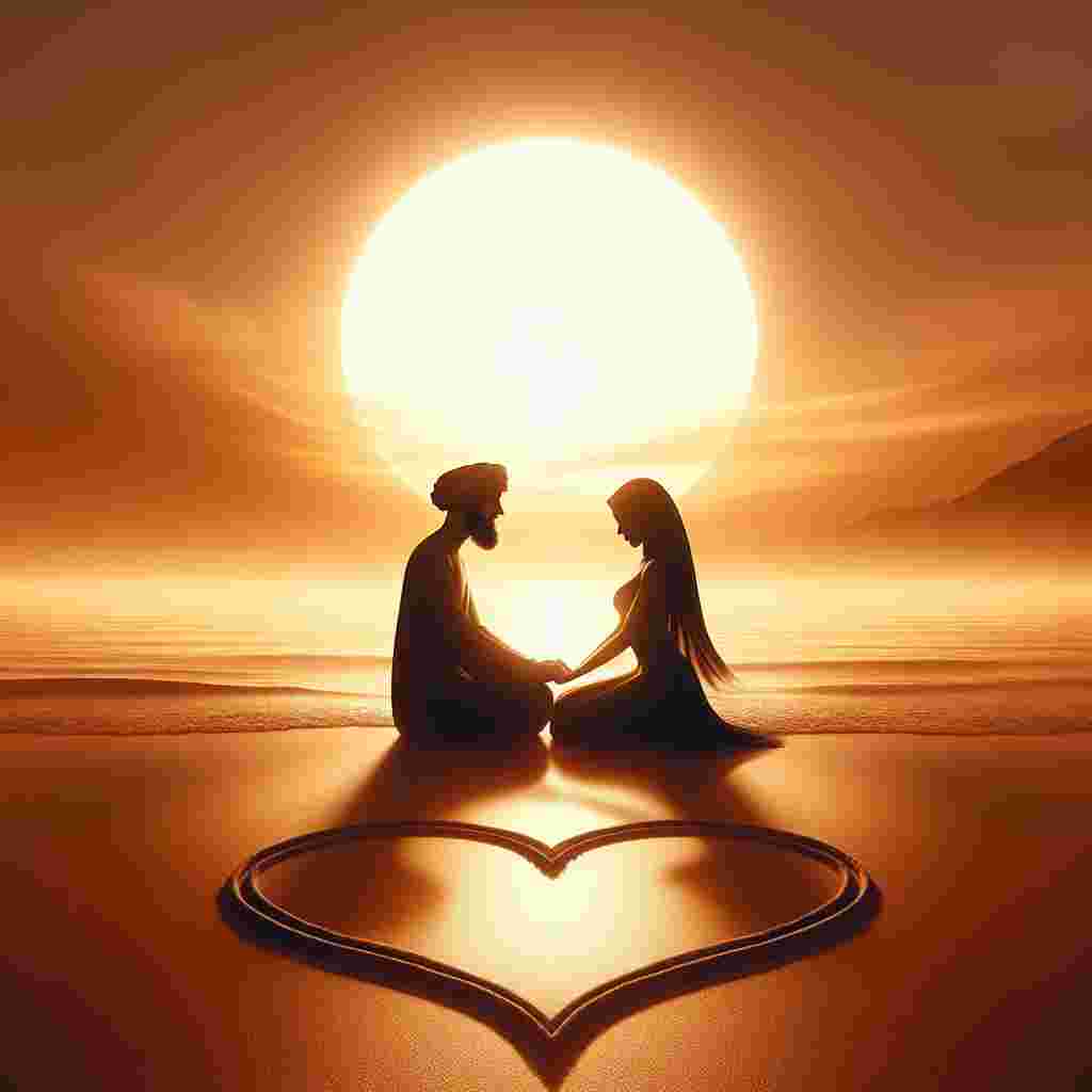 In this touching depiction of Valentine's Day, the lustrous shades of a descending sun bathe a tranquil beach with a golden glow. A Middle-Eastern man and a Black woman form a silhouette against the bright backdrop, seated closely with their hands intertwined, their arms naturally creating the shape of a heart. The soft whispers of waves tease their feet, surrounded by a heart traced into the sand, an emblem of their shared love.
Generated with these themes: Sun, Beach, and Love.
Made with ❤️ by AI.
