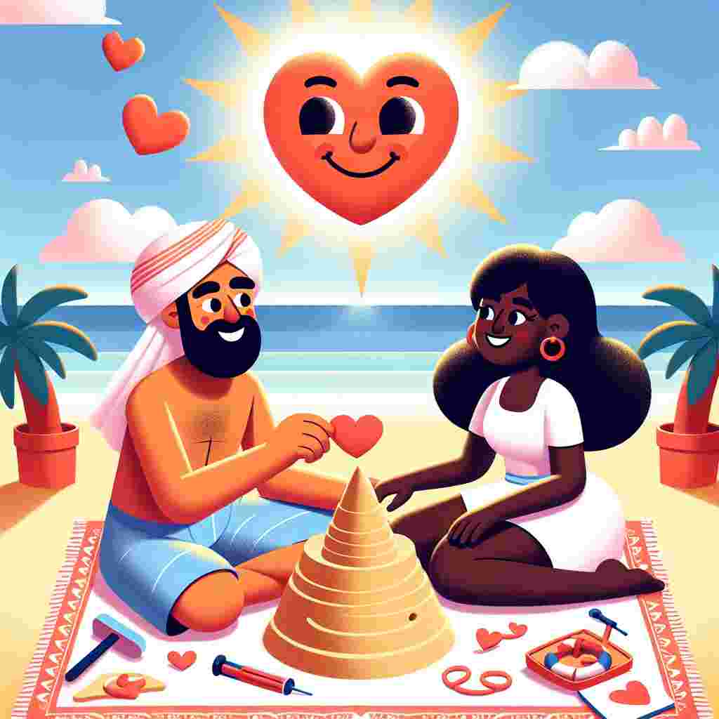 Create a whimsical Valentine's Day illustration. The scene is set on a bright, sunny beach where the sun in the sky is shaped like a heart and has a smiling face. A couple, a Middle-Eastern man and a Black woman, are lounging comfortably on the sandy beach. They sit on a beach blanket that is adorned with hearts and other symbols of love. The couple is busy building a sand castle that uncannily resembles the figure of Cupid, the symbol of love. The scene captures the unmistakable feel of warmth, affection, and the joy reminiscent of a romantic getaway.
Generated with these themes: Sun, Beach, and Love.
Made with ❤️ by AI.