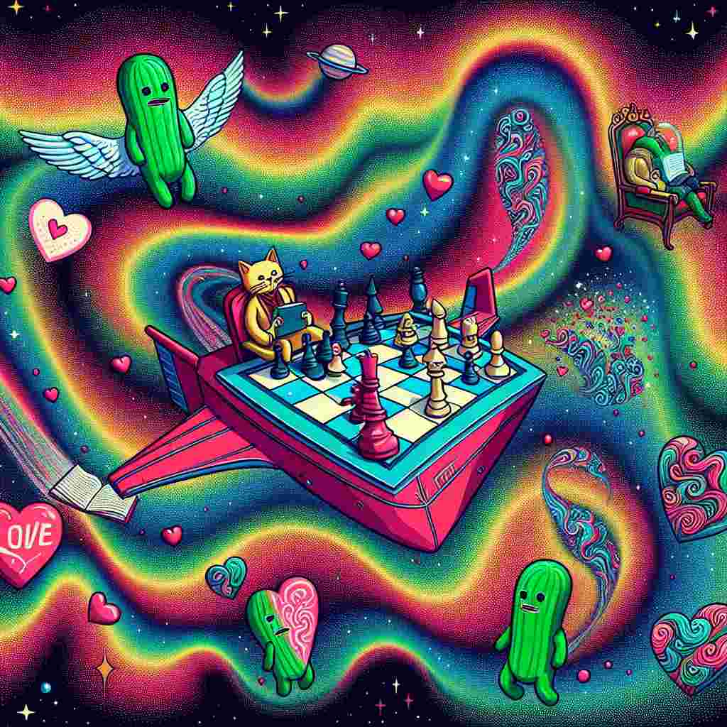 Imagine a colorful display of the cosmos where wavy patterns show the intricacies of quantum physics. At the center of this universe, find a heart-shaped spaceship, symbolizing the theme of love's interstellar journey. Within the ship, a cat, dressed as a chess master, engaging in a game on a floating chessboard. Mid-game, the cat's paw hovers thoughtfully over a knight. Nearby, humanoid beings, resembling green pickles with small wings, float freely. Each carries a valentine designed like a page from a holy book, emphasizing faith and tradition in their unique culture.
Generated with these themes: Quantum physics, Space travel , Chess, Cat, Pickles, and Bible.
Made with ❤️ by AI.