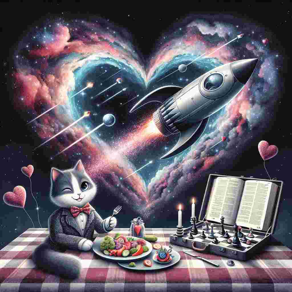 Create a charming valentine's scene set against the backdrop of a heart-shaped galaxy, embodying the intricacies of quantum physics. A modern spaceship is soaring through, leaving behind a trail of ethereal stardust that subtly morphs into intriguing chess pieces, a metaphor for the strategic journey of love. At the helm is a cute cat captain, dapper in a cute bow tie, winking expressively. Below the soaring spaceship is a picturesque picnic, laid out on a checkered cloth where rockets that are humorously shaped like pickles and open Bibles showcasing love verses, come together to symbolize a charming mix of varied interests and passions.
Generated with these themes: Quantum physics, Space travel , Chess, Cat, Pickles, and Bible.
Made with ❤️ by AI.