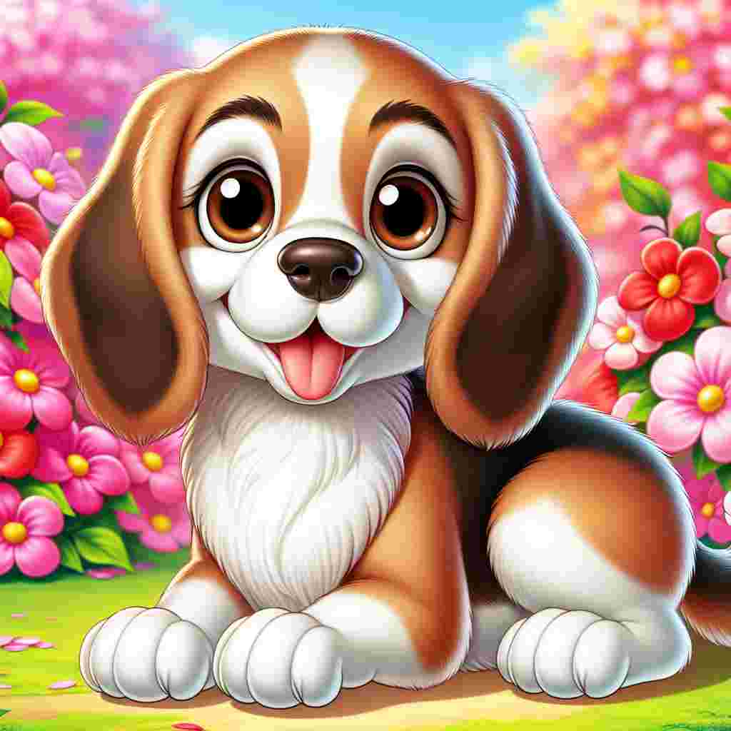 In a setting bursting with multicolored blossoms, a delightful cartoon character brings vivacity to the environment. This amiable cartoon personifies the attributes of a mature, fit Beagle dog. The character's fur exhibits deep brown spots intertwined with immaculate white, every hair meticulously depicted to project a sensation of plushness. Its spirited brown eyes are full of vitality, encapsulating the spirit of a playful pal as it is positioned in a relaxed sit with a soft, panting grin, beckoning spectators to join in its delight.
.
Made with ❤️ by AI.