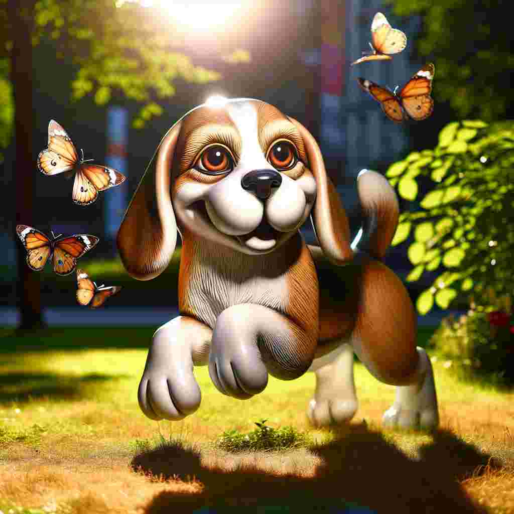 In the vibrant core of a sun-lit park, an endearing caricature of mysterious identity joyously leaps about, its form vague yet somehow apprehensible. The shape chiefly resembles the striking image of an adult Beagle dog. The dog boasts a robust structure and an average proportion, adorned with shimmering brown and white fur that sparkles under the tender touch of sunlight. It's warm chocolatey eyes glint with a combination of purity and playful mischief as it curiously tilts its head towards the fluttering butterflies.
.
Made with ❤️ by AI.