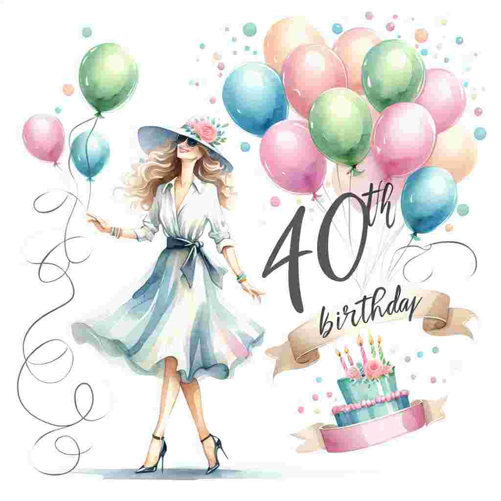 A charming watercolor illustration depicts a festive 40th birthday setting for her. In the center, a stylish woman stands surrounded by pastel balloons and a banner that reads 'Happy 40th.' The words 'Happy Birthday' elegantly float above in a handwritten script.
Generated with these themes: 40th   for her.
Made with ❤️ by AI.