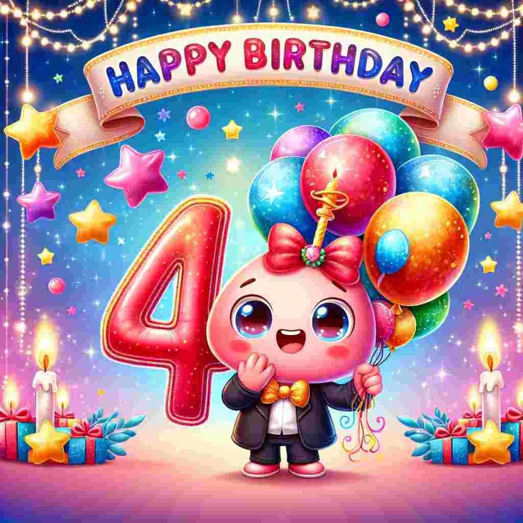 A cute digital drawing highlights a cartoon character holding a bouquet of balloons shaped as '4' and '0.' A banner in the backdrop cheerfully proclaims 'Happy Birthday,' set against a backdrop of stars and sparkles. This design caters to a playful, youthful spirit celebrating a significant 40th birthday.
Generated with these themes: 40th   for her.
Made with ❤️ by AI.