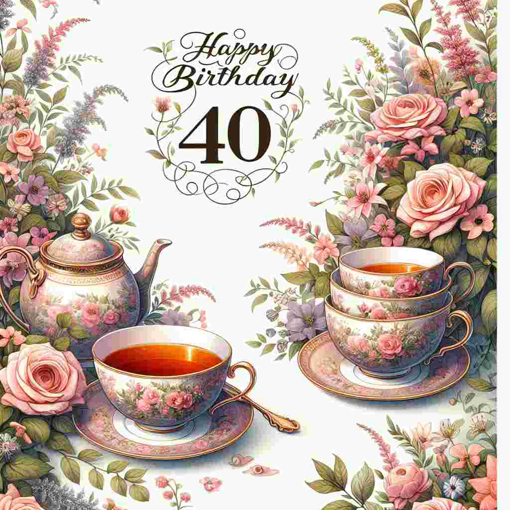 The illustration showcases a tea party with delicate china and a floral centerpiece that subtly incorporates '40' into the design. Feminine touches and soft colors create a heartfelt 40th birthday setting. 'Happy Birthday' is gracefully integrated into the scenery with vine-like lettering.
Generated with these themes: 40th   for her.
Made with ❤️ by AI.