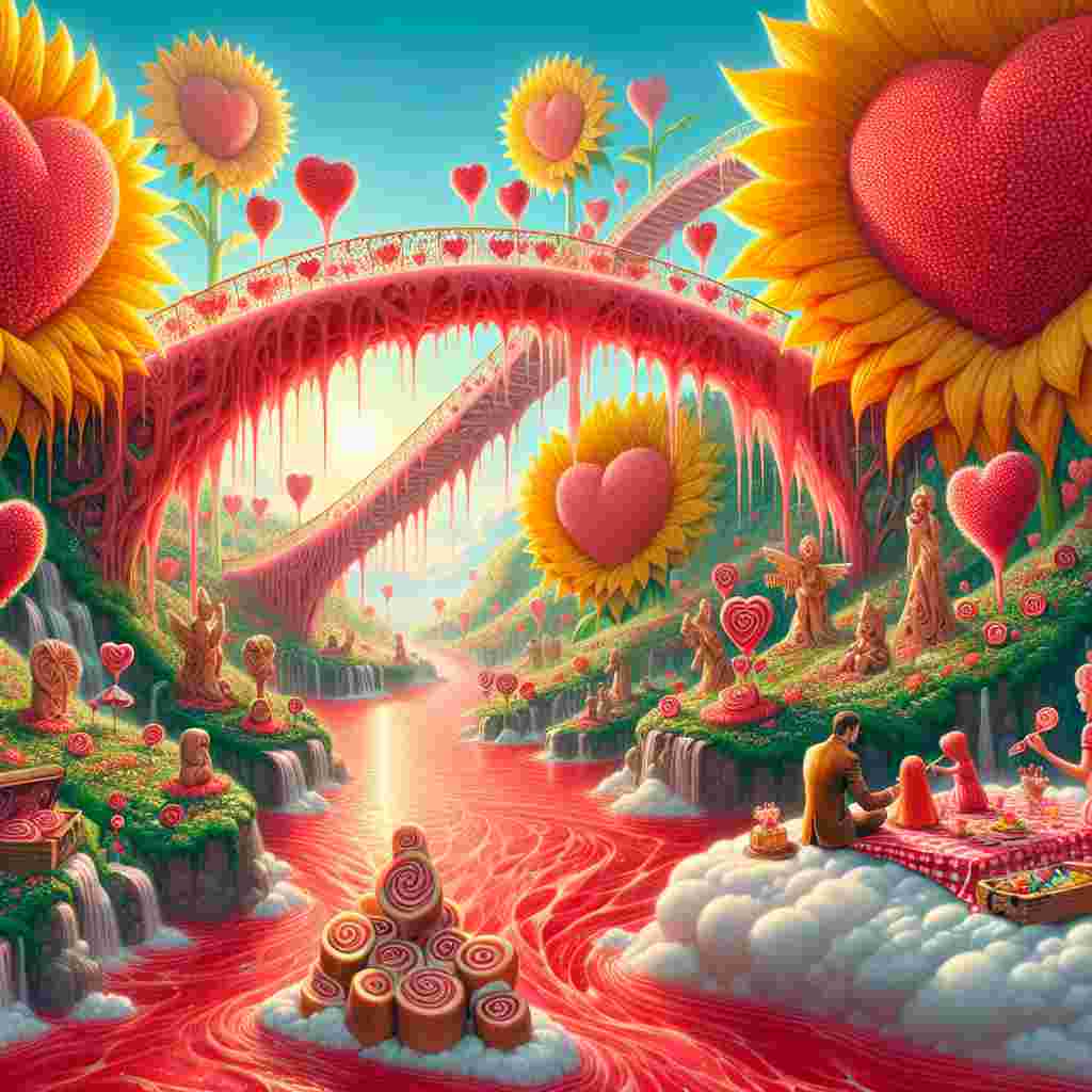 Picture an otherworldly Valentine's Day setting with towering sunflowers having hearts at their cores, spreading over a whimsical landscape, their petals seamlessly blending into the flanks of a magnificent candy-red bridge that spans across a river of liquid Irish cream. Intricate wooden statues, glowing from within, embellish the riverbanks, their beautiful carvings symbolizing a love that surpasses the physical realm. Amidst this fantastical scene, couples with diverse descents and genders are enjoying a picnic on a blanket made of clouds, savoring sausage rolls which, when bitten into, emanate a medley of whispered love sonnets.
Generated with these themes: Sunflowers , Bridges , Woodwork , Irish cream , and Sausage rolls and .
Made with ❤️ by AI.