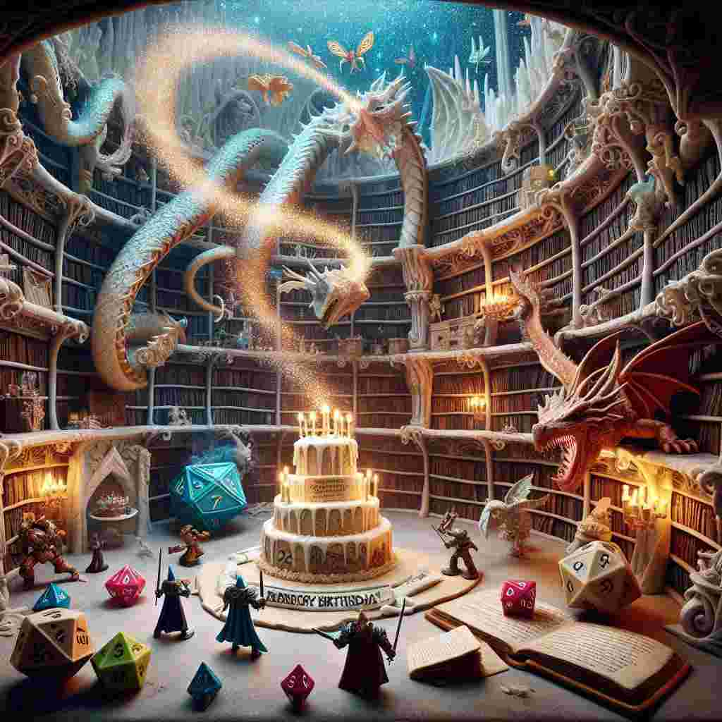 Imagine a whimsical and dreamlike realm where an extraordinary birthday celebration is underway in an ancient library devoted to arcane knowledge. The library's shelves curve and twist surrealistically in all directions. Miniature figures, evocative of Warhammer, stand valiantly on magical tomes as if tasked with the defense of a grand birthday cake. This cake is shaped identically to a wizard's tower from the universe of Dungeons and Dragons tabletop game. Peculiar dice-shaped creatures that could be likened to fairies, flutter around, throwing beguiling illumination onto this fantastical scene. A dragon, constructed entirely from frosting, exhales streams of glittering fire, thereby creating an unparalleled spectacle that melds elements of ferocity and festivity.
Generated with these themes: Warhammer, and Dungeons  &  dragons.
Made with ❤️ by AI.