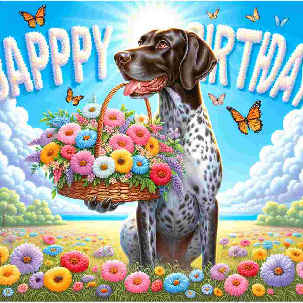 This birthday illustration features a German Shorthaired Pointer holding a basket of colorful flowers in its mouth, with butterflies fluttering around. In the background, a sun-kissed field under a clear blue sky, with 'Happy Birthday' etched in the clouds.
Generated with these themes: German Shorthaired Pointer  .
Made with ❤️ by AI.