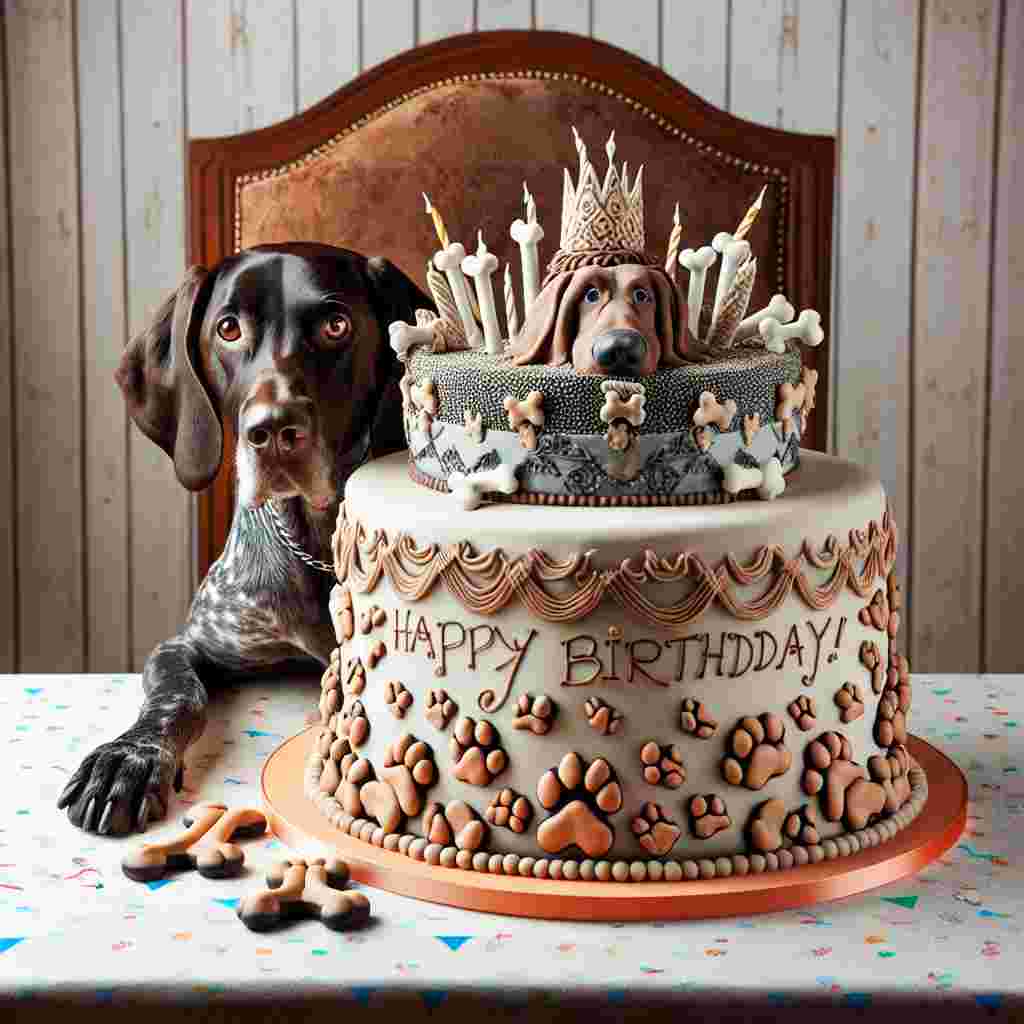 A whimsical scene depicts a German Shorthaired Pointer peeking out from behind a large birthday cake, decorated with bones and paw prints. The cake sits atop a festive tablecloth with the words 'Happy Birthday' playfully integrated into the cake's design.
Generated with these themes: German Shorthaired Pointer  .
Made with ❤️ by AI.