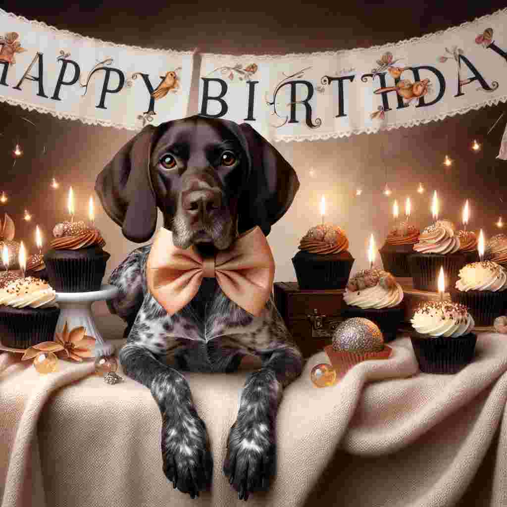 The illustration showcases a playful German Shorthaired Pointer with a cute bow around its neck, surrounded by cupcakes with lit candles. 'Happy Birthday' is inscribed in an elegant script across a banner that drapes above the scene.
Generated with these themes: German Shorthaired Pointer  .
Made with ❤️ by AI.