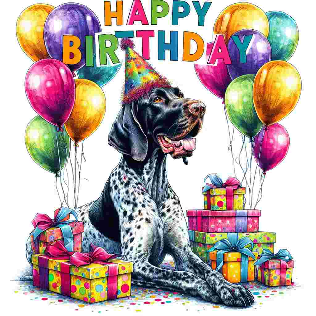 A vibrant birthday card features a German Shorthaired Pointer wearing a colorful party hat, sitting beside a pile of wrapped gifts. Balloons of various colors float above, with the text 'Happy Birthday' written in bold, cheerful font at the top.
Generated with these themes: German Shorthaired Pointer  .
Made with ❤️ by AI.