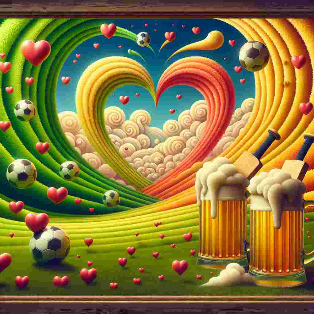 Create a fanciful Valentine's Day illustration placed on a spacious, undulating field of bright colors that resemble the green of a soccer field and the dusty hue of a cricket pitch. In this extraordinary scene, soccer balls shaped like hearts and cricket bats intertwine, producing an abstract pattern that rhythmically matches a romantic movie soundtrack. The frame of the image is formed by frothy mugs of beer, with their delicate bubbles transforming into small hearts that ascend towards a fantastical skyline.
Generated with these themes: Soccer, Cricket, Movies, and Beer.
Made with ❤️ by AI.