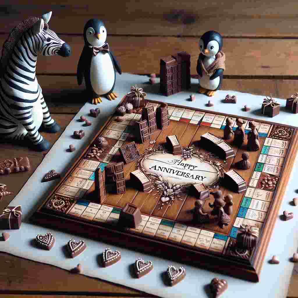 Create a romantic anniversary scene with zebra and penguin couples huddled around a rustic wooden table. On the table, a lavish board game stretches across, featuring miniature chocolate bars as the game pieces. The board of the game is adorned with delicate motifs made of candy and chocolate, symbolizing the sweetness of their bonds. The atmosphere is lively and tender, perfectly encapsulating the joyous nature of this special day.
Generated with these themes: Boardgames , Chocolate , Penguins , and Zebras .
Made with ❤️ by AI.