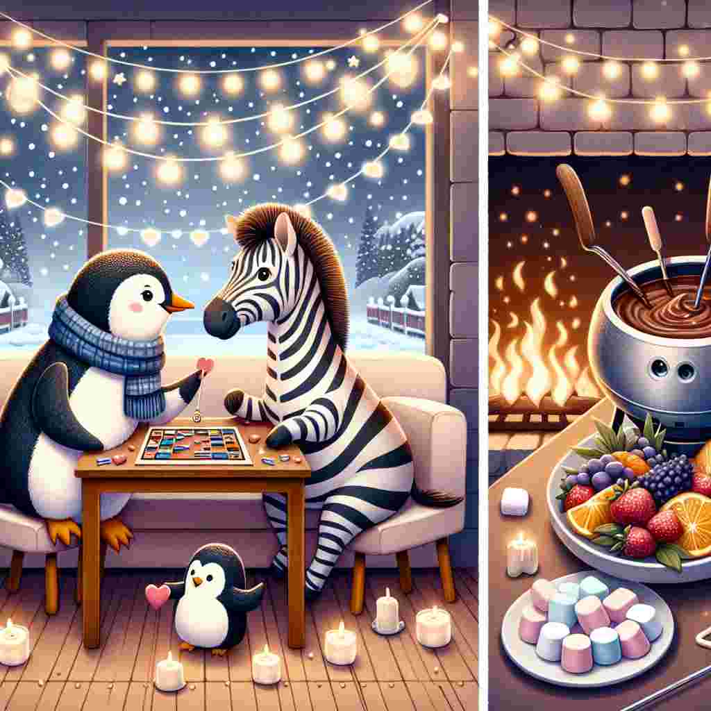 Create an image reflecting a whimsical anniversary celebration. Picture a heartwarming scene where a pair of penguins and zebras are engaged in a joyful marathon of board games. The backdrop should be a snug room, filled with the warm glow of twinkle lights, emanating a sense of comfort. To one side, visualize a tempting chocolate fondue on a table, surrounded by succulent fruits and fluffy marshmallows waiting to be dipped. This setup symbolizes the sweetness of the couple's joint journey.
Generated with these themes: Boardgames , Chocolate , Penguins , and Zebras .
Made with ❤️ by AI.