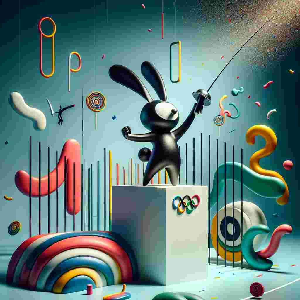 An image illustrating a unique scene: A black rabbit with a distinctive white nose, embodying the spirit of an athlete, stands proudly atop an abstract, gravity-defying Olympic podium. The rabbit holds high a fencing foil in triumph, symbolizing victory. The podium is surrounded by abstract shapes and swirls of vibrant colors, adding to the surrealism of the scene. Meanwhile, confetti streams through the air, suspended magically in time, adding to the celebratory mood. This image, while surreal, evokes the feeling of achieving success at the Olympic Games.
Generated with these themes: Black rabbit with white nose, Fencing , and Olympic games.
Made with ❤️ by AI.