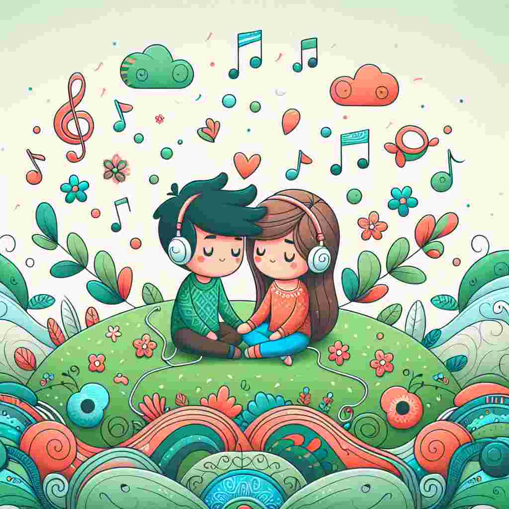 Create an endearing illustration appropriate for Valentine's Day. The image should depict a delightful cartoon couple of diverse backgrounds. They are sitting on a fanciful patch of green adorned with subtle patterns related to nature. The couple is completely enraptured in looking into each other's eyes, and they share some headphones. Symbolizing the calming music they are enjoying, there are vibrant music notes floating around them, contributing to the overall amorous ambiance of the scene.
Generated with these themes: Weed, and Music.
Made with ❤️ by AI.