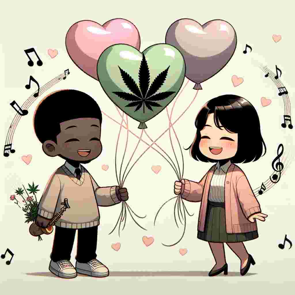 Generate an image of a sweet Valentine's Day scene. In this scene, an amicable pair of characters, one East Asian male and one Black female, engage in the exchange of heart-shaped balloons. To add a unique element, the balloons are tastefully decorated with a design reminiscent of a cannabis leaf. Behind them, a background of soft pastel colours and lines signifying musical staff float, suggesting a harmonious atmosphere. Their expressions of joy punctuate the scene, and delicate musical symbols floating around indicate a shared love for tunes among the Valentine's day celebration.
Generated with these themes: Weed, and Music.
Made with ❤️ by AI.
