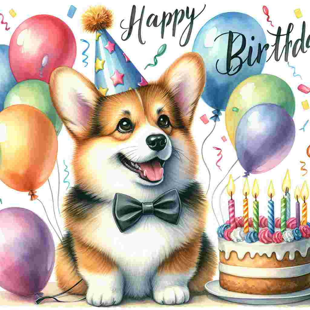 A watercolor illustration that depicts a joyful Pembroke Welsh Corgi wearing a party hat and a bow tie. The fluffy dog is surrounded by colorful balloons and a cake with lit candles. Above the scene, whimsical letters spell out 'Happy Birthday'.
Generated with these themes: Pembroke Welsh Corgi  .
Made with ❤️ by AI.