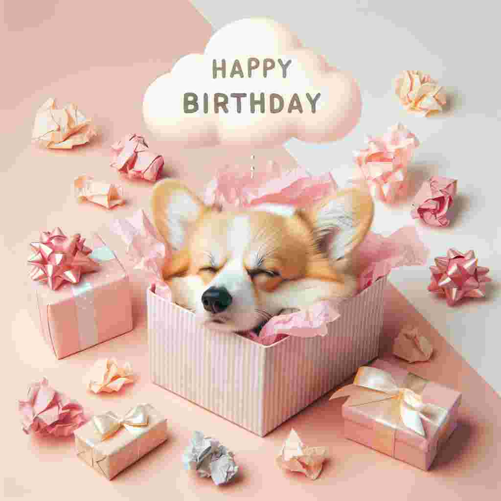 A charming pastel-toned sketch shows a sleepy Pembroke Welsh Corgi curled up in a birthday box with wrapping paper strewn around. A soft, subtle 'Happy Birthday' text floats like a cloud above the peaceful scene, adding a calm celebration vibe.
Generated with these themes: Pembroke Welsh Corgi  .
Made with ❤️ by AI.