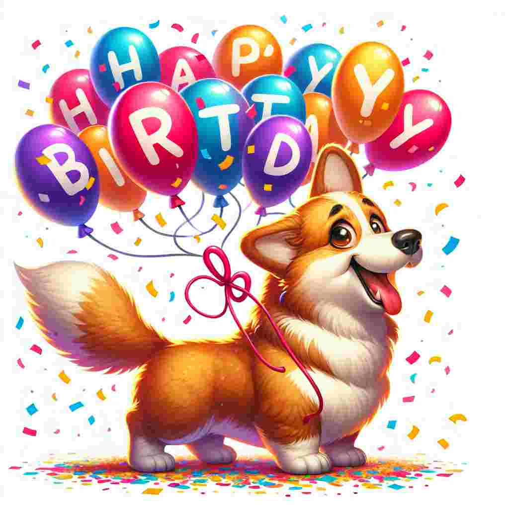 A vibrant cartoon illustration captures a Pembroke Welsh Corgi mid-bark, excitedly standing on hind legs with confetti raining down. Balloons in the shape of 'Happy Birthday' letters are tethered to the dog's tail, making the greeting jump out.
Generated with these themes: Pembroke Welsh Corgi  .
Made with ❤️ by AI.