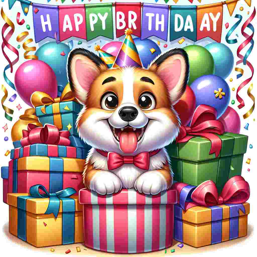 A digital drawing features an animated Pembroke Welsh Corgi with a wide grin, sitting amidst a pile of presents. Behind the dog, festive banners and streamers set the mood, while 'Happy Birthday' is cheerfully written with playful font atop the image.
Generated with these themes: Pembroke Welsh Corgi  .
Made with ❤️ by AI.