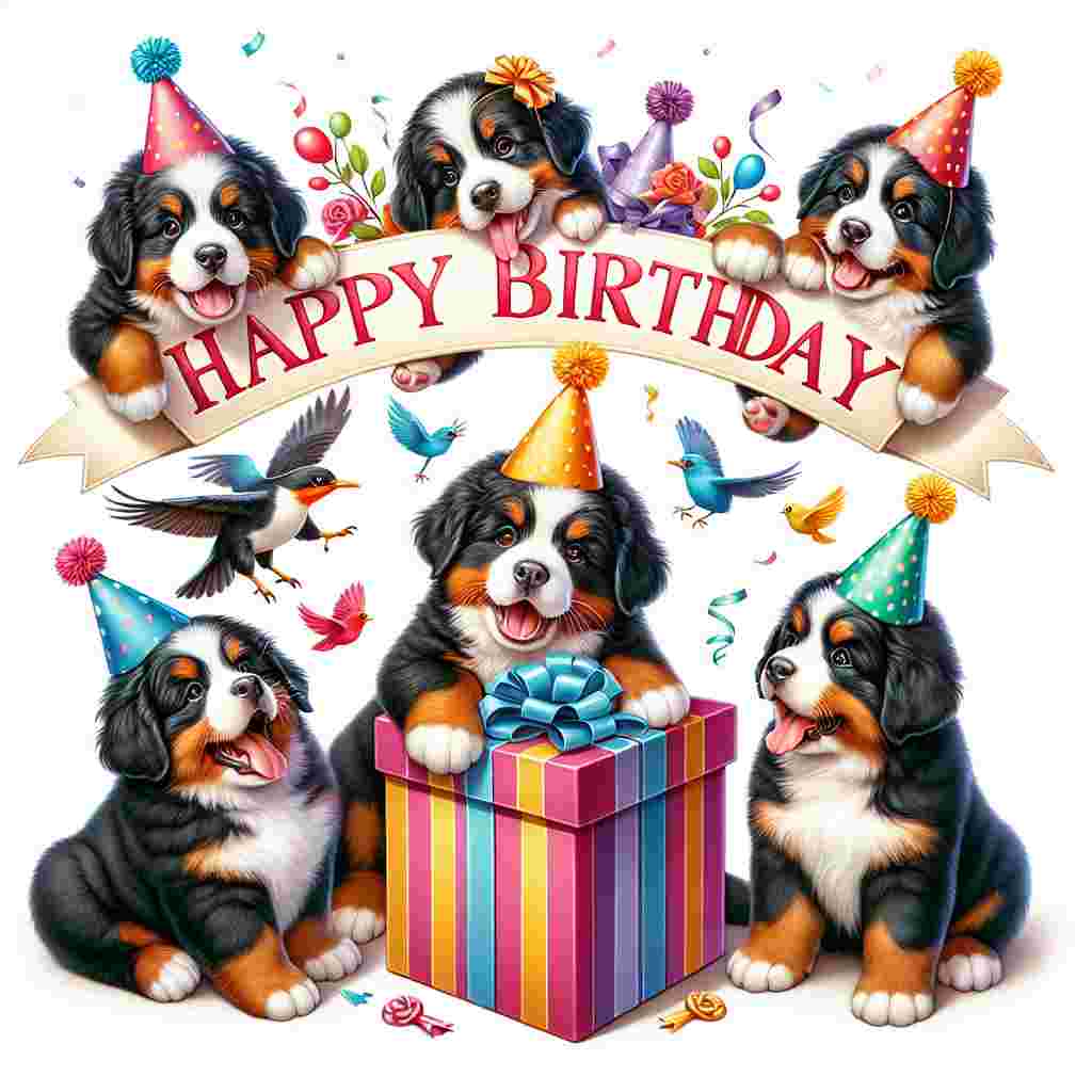 A heartwarming illustration shows a group of playful Bernese Mountain Dog puppies with little party hats on, gathered around a gift box. One puppy is playfully jumping out of the box. Above them, 'Happy Birthday' is scripted in a banner held by two birds.
Generated with these themes: Bernese Mountain Dog  .
Made with ❤️ by AI.