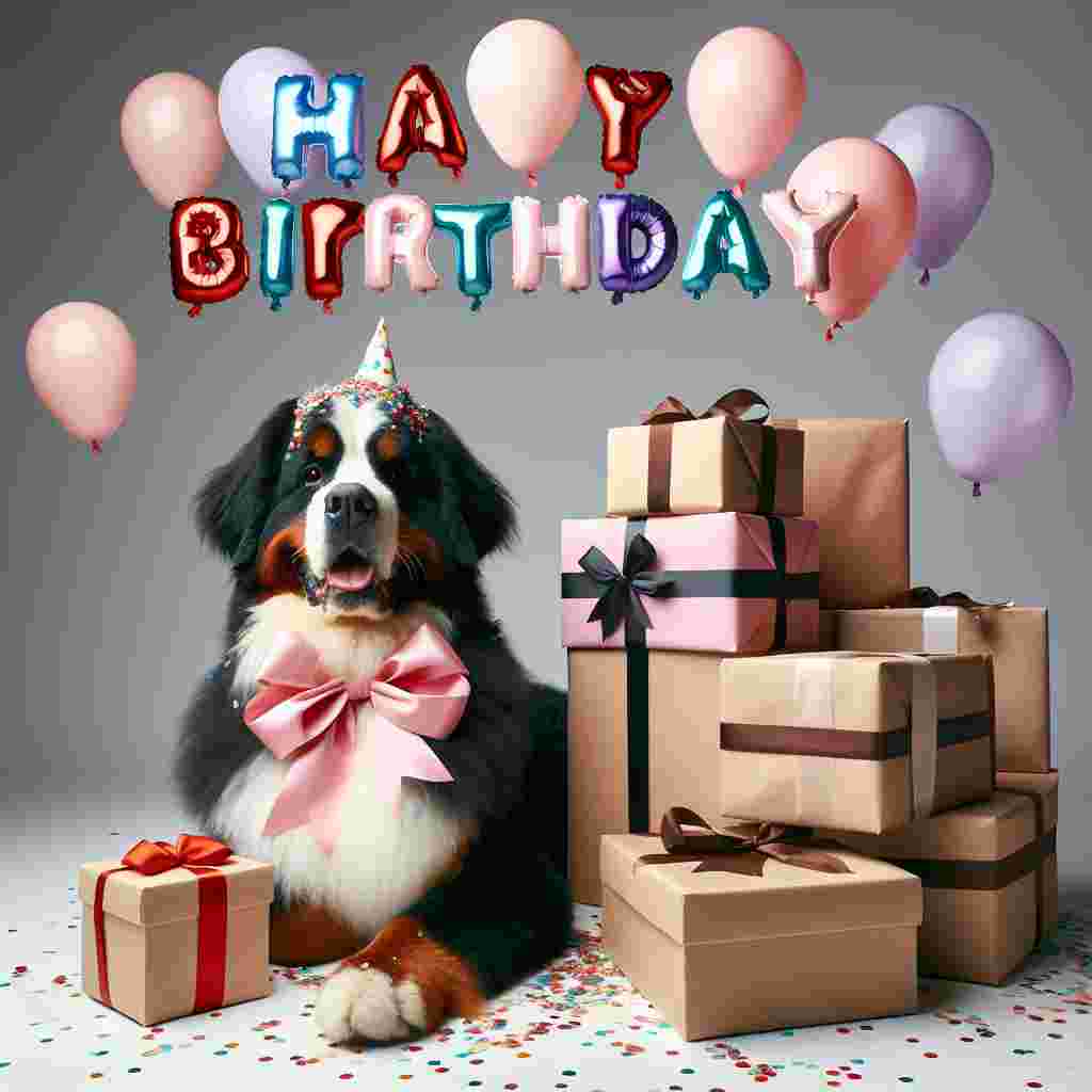 An adorable scene where a fluffy Bernese Mountain Dog is peeking out from behind a pile of presents. The dog has a birthday ribbon, and the 'Happy Birthday' message is floating above in cute balloon letters, with confetti sprinkling down.
Generated with these themes: Bernese Mountain Dog  .
Made with ❤️ by AI.