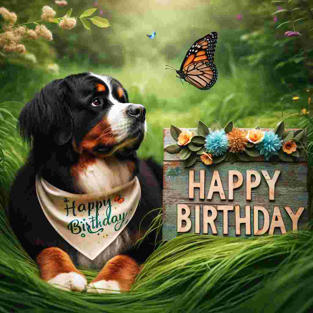 A charming birthday party setting where a gentle Bernese Mountain Dog is seated on lush grass, gazing at a fluttering butterfly. The dog has a birthday bandana around its neck. In the foreground, 'Happy Birthday' is etched onto a rustic wooden sign, framed by a garland of flowers.
Generated with these themes: Bernese Mountain Dog  .
Made with ❤️ by AI.
