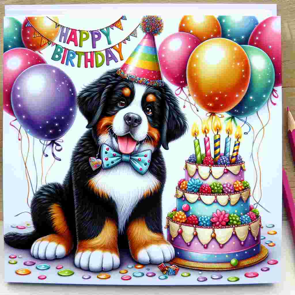 A whimsical birthday card featuring a cartoon Bernese Mountain Dog wearing a party hat and a bow tie surrounded by colorful balloons. The pup is sitting beside a towering birthday cake with candles, and the words 'Happy Birthday' are written in bold, cheerful fonts above.
Generated with these themes: Bernese Mountain Dog  .
Made with ❤️ by AI.