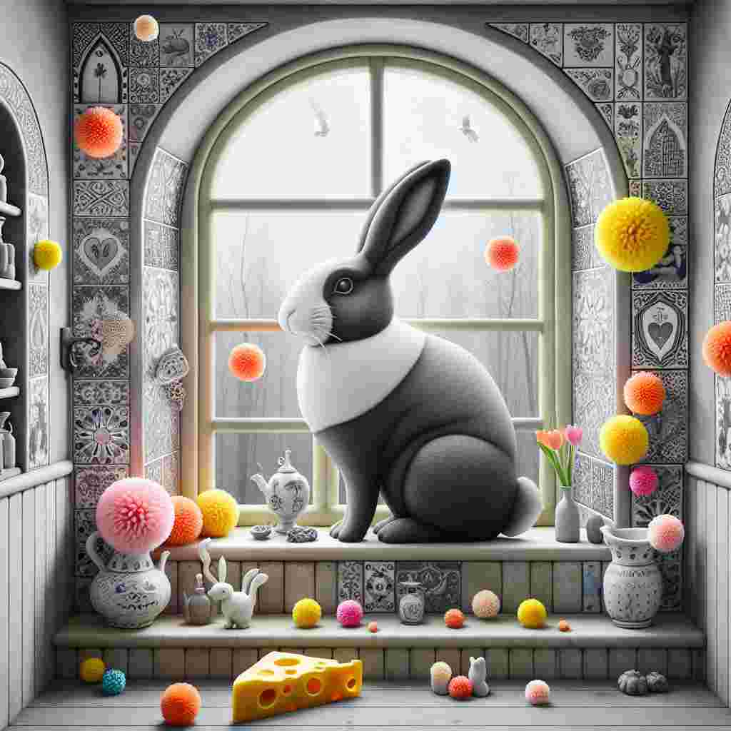 Illustrate a quaint, charming room housing arch-shaped windows. In this unusual, whimsical scene, a monochrome Dutch rabbit becomes the central character. Behind it, a wall adorned with an eclectic collection of bathroom tiles intertwines the prosaic with the fantastical. Bright, radiant pompoms scatter around the room like floating balloons in a colorful celebration. On the window sill, a wedge of cheese and a dusting of aromatic herbs have been thoughtfully positioned. This combination of elements brings a magical, unearthly aura engulfing the environment.
Generated with these themes: Black and white Dutch rabbit, Colourful pom poms , Bathroom tiles, Arch window, Cheese, and Herbs.
Made with ❤️ by AI.