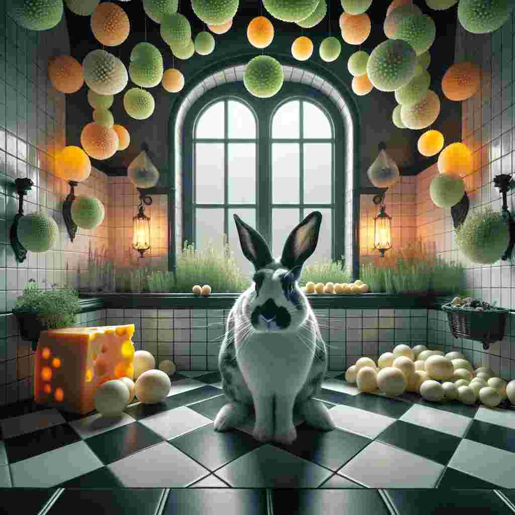 A monochrome Dutch rabbit is seated in the heart of an enchanting bathroom, lit softly by arch windows casting illumination on the distinctive checkerboard design of the floor. The room is filled with the vibrant hues of numerous suspended pom poms, forming a surreal canopy overhead. Artfully positioned on a window ledge, cheese adds a whimsical touch to the setting. A gentle balance of herbs penetrates the scene, their faint green tendrils interspersed within elevates the scene's thank-you theme, indicating growth and appreciation.
Generated with these themes: Black and white Dutch rabbit, Colourful pom poms , Bathroom tiles, Arch window, Cheese, and Herbs.
Made with ❤️ by AI.