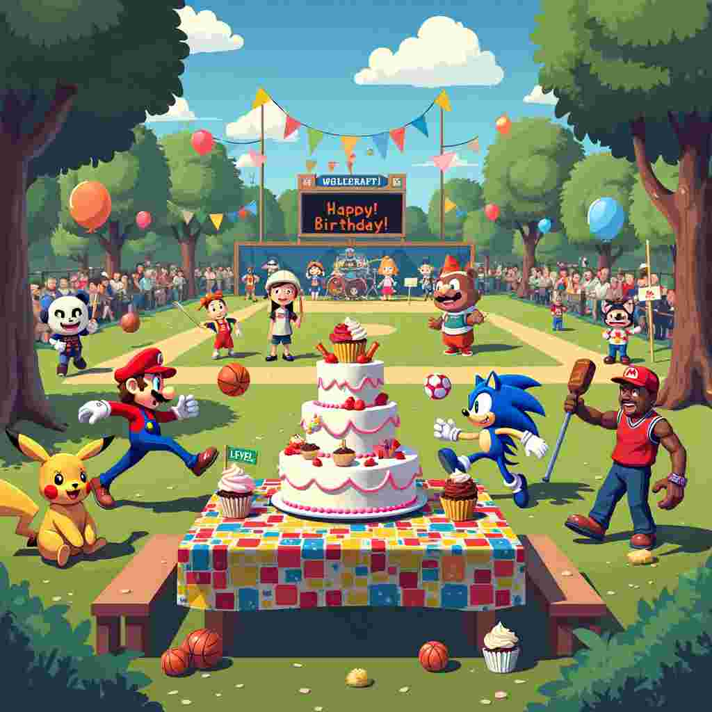 Picture a whimsical, bustling park transformed into an extraordinary birthday celebration, where sports and video game worlds collide in a riot of color and quirky characters.

At the center of the scene is a large picnic table draped with a vibrant, pixelated tablecloth reminiscent of classic 8-bit video games. The table is loaded with an assortment of whimsical, oversized treats: a towering cake shaped like a soccer ball with a joystick perched on top as the cake topper, cupcakes resembling various sports balls (basketball, tennis, baseball), and cookies shaped like game controllers and sports equipment.

To the left of the table, we see a lively soccer game in progress. Instead of a regular soccer ball, the players are enthusiastically kicking around a large, bouncy Poké Ball. The players themselves are a hilarious mix of iconic video game characters and sports legends: Mario from Super Mario, donning a soccer jersey, is about to take a shot while Sonic the Hedgehog races past him, a blur of blue and red. On defense, we see Michael Jordan, sporting his classic Bulls jersey, leaping high with a wide grin, trying to block the ball.

To the right of the table, there's a mini baseball diamond set up with a game in progress. Calvin and Hobbes are at bat, with Calvin wielding a baseball bat that’s half-lightsaber, half-baseball bat. Hobbes, wearing a catcher's mitt and helmet, is crouched behind him, ready to catch the pitch. The pitcher, dressed in a pixelated Minecraft outfit, winds up for a pitch while a group of Tetris blocks cheer from the sidelines, holding up signs that spell "HAPPY BIRTHDAY."

In the background, the park is adorned with colorful banners and balloons featuring characters from various video games and sports teams. A giant scoreboard, designed in an old-school arcade game style, flashes “Level Up! Happy Birthday!” In one corner, there’s a small stage with an 8-bit band of characters from Animal Crossing, all playing musical instruments made from sports equipment – a guitar with a tennis racket body, drums from basketballs, and a keyboard that looks like a row of mini hockey sticks.

Overhead, a blimp shaped like a giant NES controller floats by, trailing a banner that reads “Press Start to Celebrate!” 

The entire scene is a delightful explosion of imaginative detail, blending the thrill of sports with the excitement of video games into a fantastically fun birthday celebration.
Generated with these themes: Sports, and Videogame.
Made with ❤️ by AI.