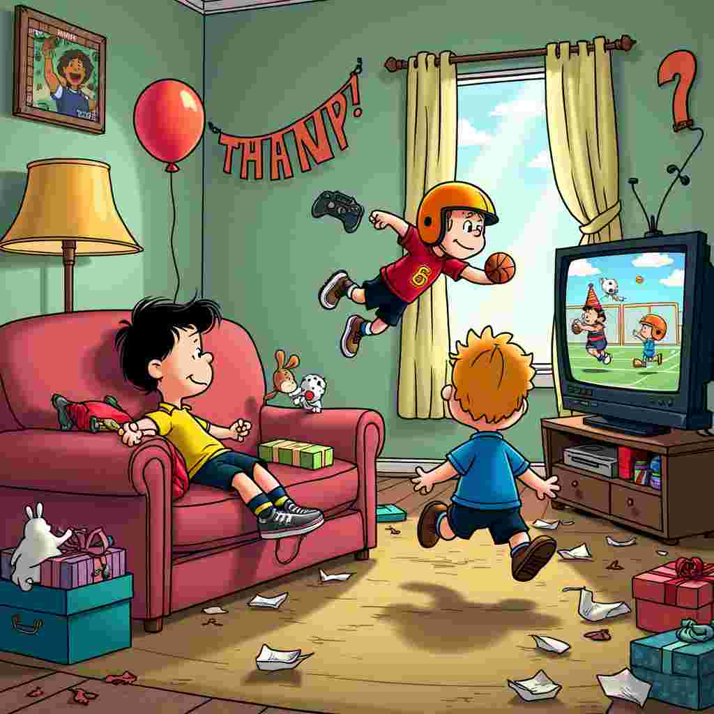 Alright, let's dive into this whimsical birthday card scene!

Picture a vibrant, cartoon-style living room. The backdrop is a playful blend of chaos and celebration, akin to a scene from Calvin and Hobbes with a hint of Far Side absurdity. At the center of the room, there's a large, plush couch, its cushions haphazardly strewn about, clearly doubling as a fortress. On one end of the couch, a young character reminiscent of Charlie Brown but with the mischievous grin of Calvin, is intensely focused on a retro video game console plugged into a TV. The TV screen vividly displays a mashup game that hilariously blends sports and video games: pixelated football players (think Madden NFL meets Pac-Man) dribbling basketballs, jumping over hurdles, and engaging in soccer-style tackles.

To the right of the couch, another character, perhaps inspired by Lucy from Peanuts but with the athleticism of Tintin, is mid-air in a dramatic dive, attempting to catch a game controller being tossed by a third character. This third character is modeled after the quirky, imaginative flair of Winsor McCay’s Little Nemo, wearing an over-the-top sports uniform with a mix of gear from various sports (think football helmet, basketball jersey, soccer cleats, and a baseball mitt).

Scattered across the room are unmistakable nods to the birthday theme. A partially deflated balloon hangs lazily from a lampshade, a "Happy Birthday" banner (with one corner drooping) stretches across the wall behind the couch, and a small pile of colorful, hastily unwrapped presents sits in one corner, with one box humorously revealing a pair of oversized bunny slippers.

In the background, adding a touch of R. Crumb's underground comix eccentricity, the family dog, dressed in a referee outfit, is blowing a whistle, presumably calling a foul on the diving character. Near the TV, a cat, inspired by the elegant lines of Hergé’s Tintin, is nonchalantly batting at a loose game controller cord, completely uninterested in the commotion around it.

To the left, a small table set up as a makeshift refreshment stand offers an array of sports-themed snacks: a towering birthday cake designed like a stadium, cupcakes shaped like various sports balls, and a punch bowl with floating plastic game controllers as decoration.

Each element of the scene bursts with color and detail, ensuring that anyone receiving this birthday card is instantly transported into this delightful, chaotic celebration that masterfully blends the joy of sports and video games.
Generated with these themes: Sports, and Videogame.
Made with ❤️ by AI.