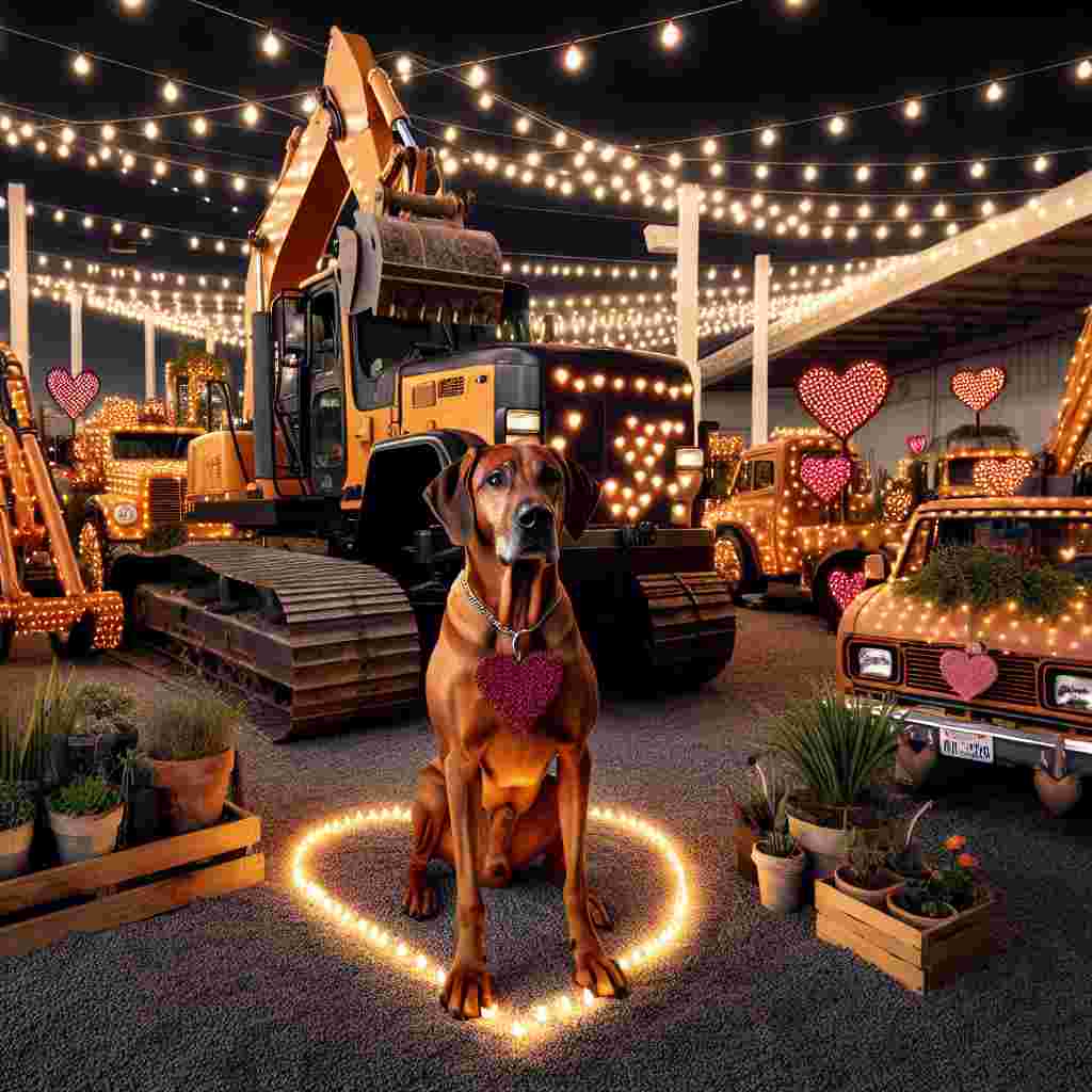 In a unique Valentine's Day scenario, a well-groomed Rhodesian Ridgeback takes center stage among an array of decorated construction machinery. Machinery like bulldozers and excavators are adorned with heart-shaped decals, adding a charming twist to their metal forms. Nearby, several pick-up trucks have been ingeniously converted into food stations, offering a range of delectable dishes that blend the themes of love and high-quality cuisine. Warm, inviting lights hung around potted plants and construction equipment alike radiate a comforting aura over the industrial landscape, making it an welcoming backdrop for celebrating Valentine's Day.
Generated with these themes: Construction, Plant machinery, Rhodesian ridgeback, Pick up trucks, and Good food.
Made with ❤️ by AI.