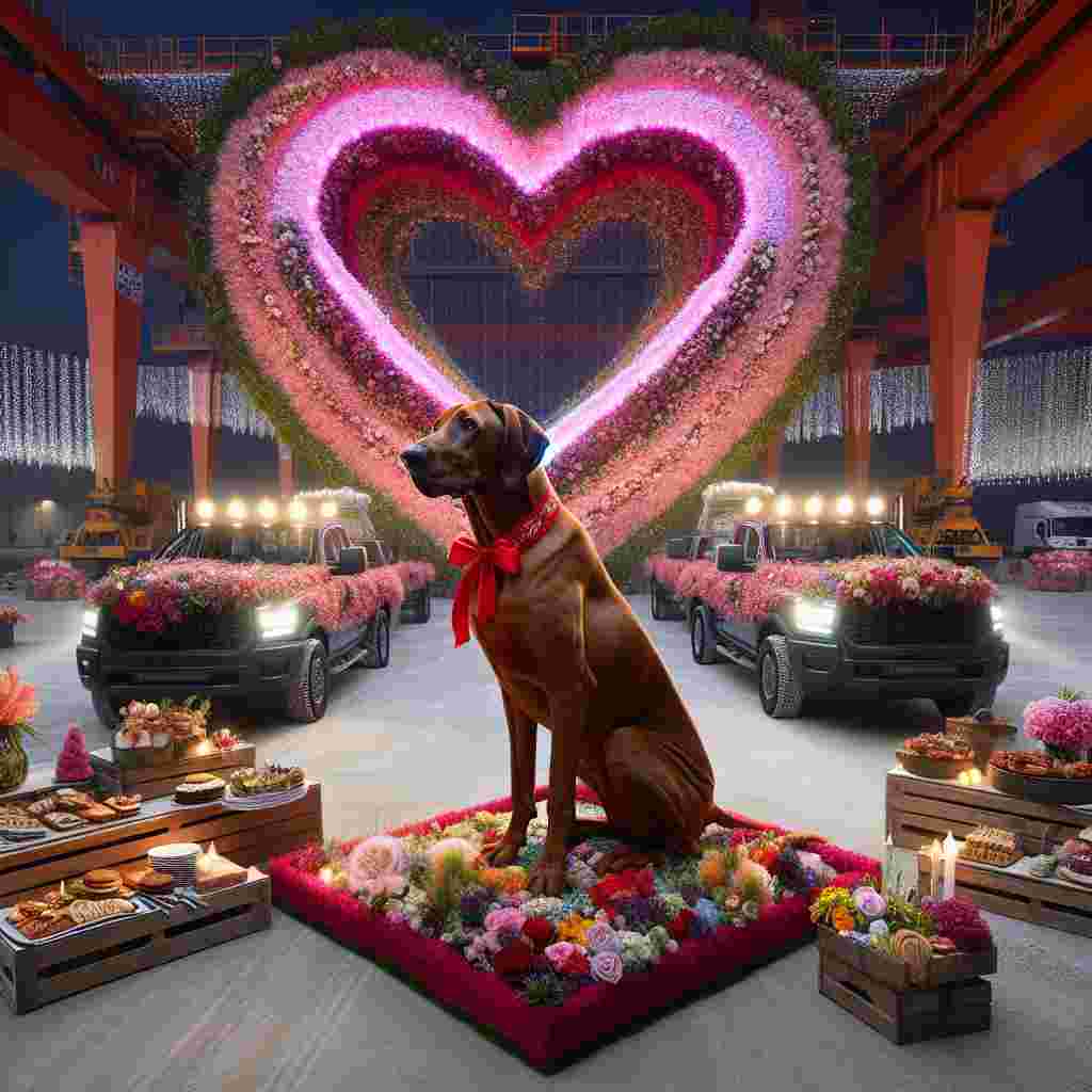 Envision an active construction site that has been metamorphosed into a venue for celebrating Valentine's Day. In the heart of the site is a heart-shaped display made from a diverse range of brightly colored flowers and greenery, within which proudly sits a magnificent Rhodesian Ridgeback wearing a collar of vivid red ribbon. The setting is enhanced with several pick-up trucks, each with their open backs brimming with an array of scrumptious food items, which includes gourmet sandwiches and rich pastries, all prepared for couples to savor. The usually bustling construction equipment is now stationary, adorned with light strings in a soft pink hue, adding a dreamy luminescence to the evening surroundings.
Generated with these themes: Construction, Plant machinery, Rhodesian ridgeback, Pick up trucks, and Good food.
Made with ❤️ by AI.