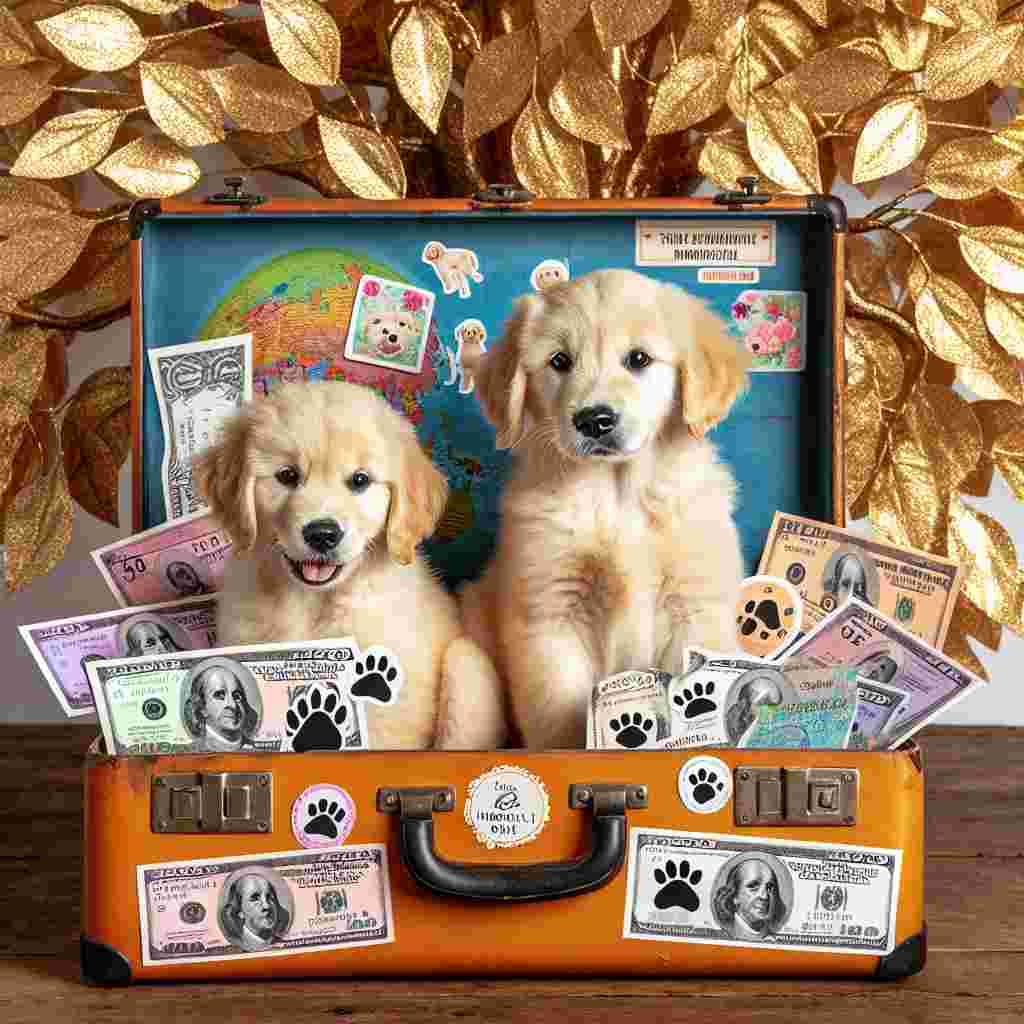 Generate a heartwarming vector scene ideal for Mother's Day that does not include a mother figure. The central focus is two adorable golden retriever puppies seated next to a vintage suitcase overflowing with imaginative currency notes, which uniquely display paw prints rather than faces. The suitcase is decorated with travel stickers indicating well-known landmarks globally. A whimsical tree with shimmering gold foil leaves suggesting wealth and affection is in the backdrop.
Generated with these themes: Dogs, Money, Travelling, and Gold.
Made with ❤️ by AI.