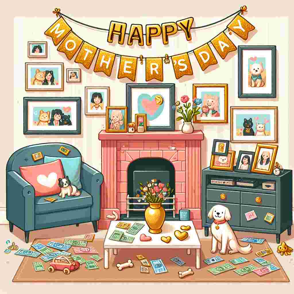 Visualize a delightful vector illustration for Mother's Day. The scene is set in a petite and snug living room. It has a fireplace mantle adorned with photographs that signify past travels and a gleaming gold picture frame designed in a heart shape. On the coffee table, there lies a collection of different currencies from around the world which hint at a passion for travel. Indications of a pet dog are present, seen as bone-shaped toys and a dog leash strewn around the room. Hanging above is a banner with gold glittering letters spelling out 'Happy Mother's Day', contributing to a festive and affectionate ambiance.
Generated with these themes: Dogs, Money, Travelling, and Gold.
Made with ❤️ by AI.