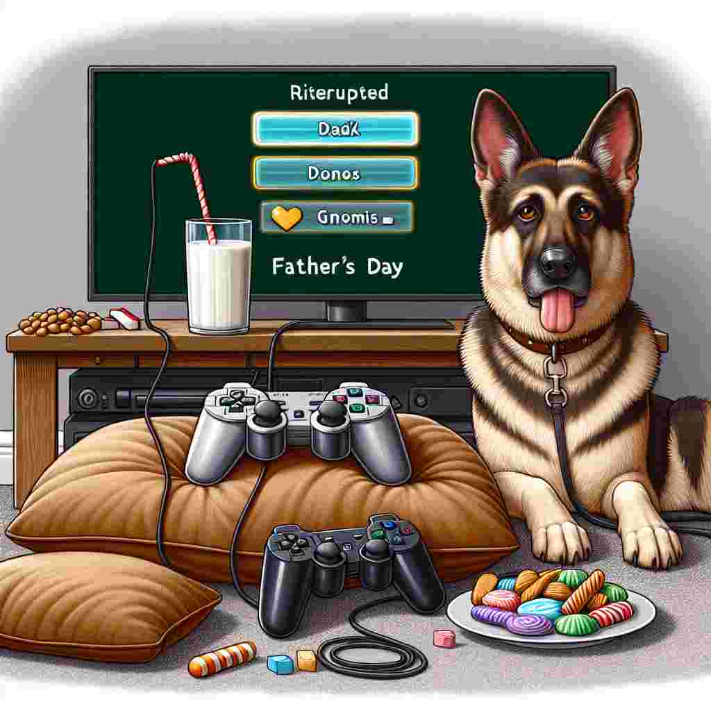 A heartwarming illustration for Father's Day revealing the personality and hobbies of a father, without the father being in the scene. The central focus is a gaming console with two controllers on a comfortable carpet, indicating an interrupted fun game session, marked by a paused generic video game on the screen. Nearby, an obedient, sleek-coated German Shepherd sits with its leash draped over one of the controllers, indicating its anticipation for an upcoming walk. Strategically placed on the table, there is a glass of milk next to an array of sweets, arranged as if a child has thoughtfully prepared the treat for the dad to enjoy post gaming session.
Generated with these themes: Fortnite game, PlayStation , German shepherd , Milk, and Sweets.
Made with ❤️ by AI.