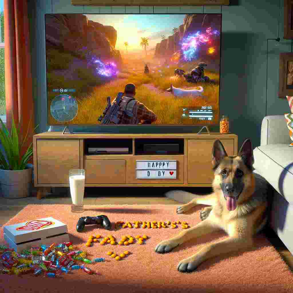 This lovely Father's Day artwork unfolds in a sun-dappled living room where a lively virtual battleground is seen taking place on the television screen, reflecting the vivid hues of the virtual world. A generic gaming console controller has been left on the inviting, soft cushion of the couch, indicating an interval in gaming. Next to it, a German Shepherd reclines relaxingly, its tail gently sweeping the air as it seems engaged in intently observing the digital conflict. On the plush carpet, a trail of assorted candies sparks a path to a tall glass of milk accurately placed next to the couch, setting the hint of a lovingly planned surprise for a father who is momentarily absent.
Generated with these themes: Fortnite game, PlayStation , German shepherd , Milk, and Sweets.
Made with ❤️ by AI.
