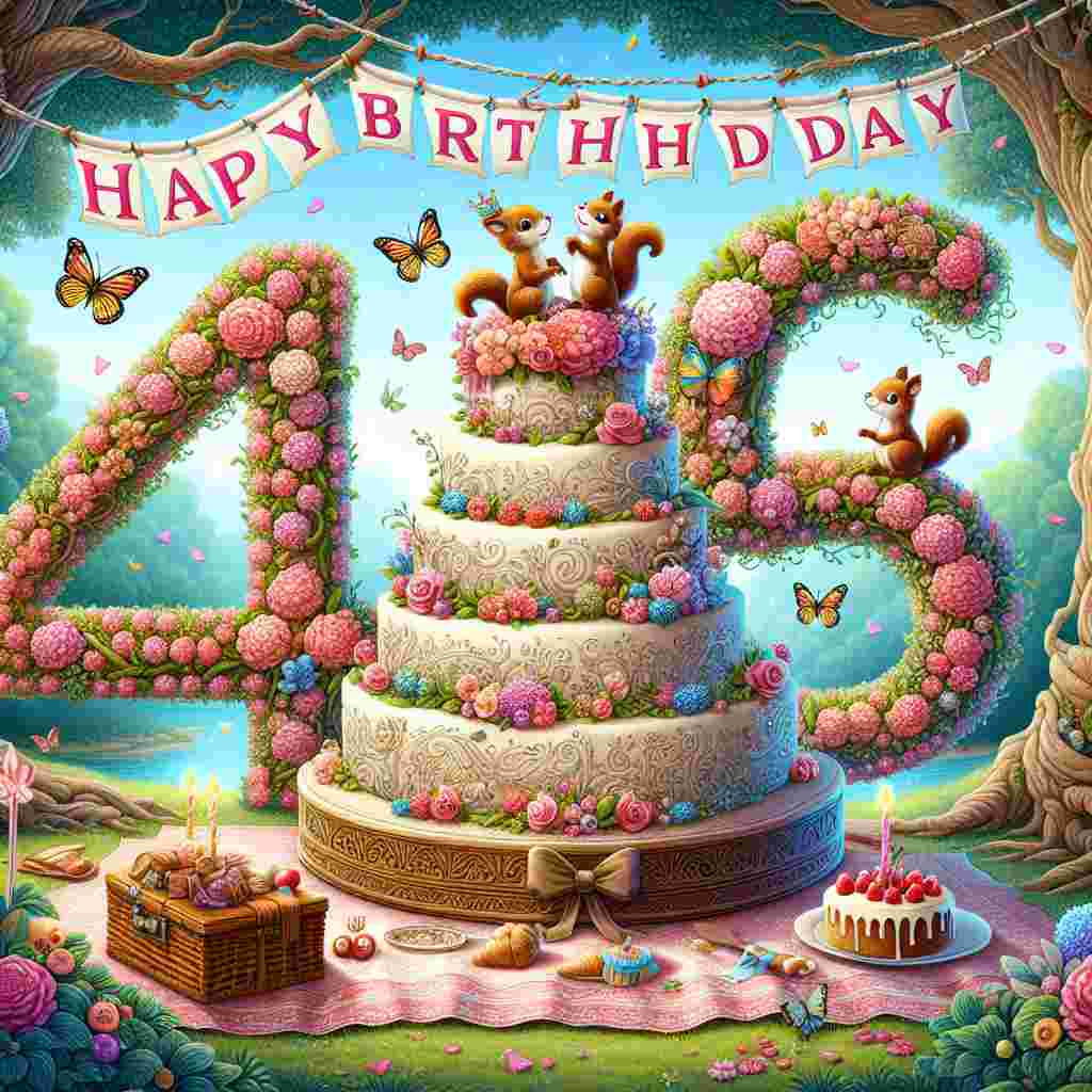 This adorable birthday scene showcases a fantasy landscape with a towering '46' made of flowers and vines. A pair of cartoon squirrels hold a banner with 'Happy Birthday' as butterflies flutter around and a cake sits invitingly on a picnic blanket.
Generated with these themes: 46th  .
Made with ❤️ by AI.