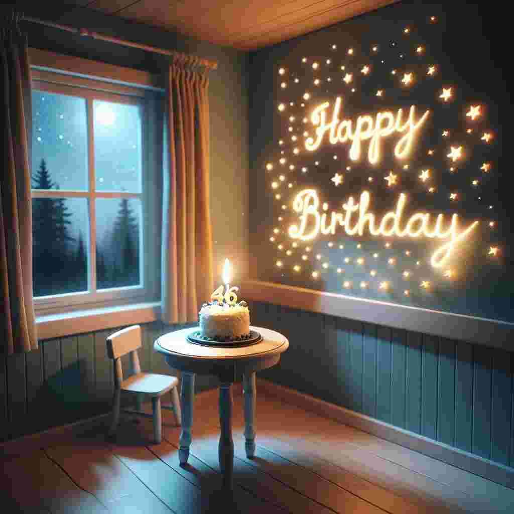 A charming illustration set in a cozy room with a window overlooking a starry night, where a small, round table is adorned with a petite cake topped with a candle shaped like the number '46'. 'Happy Birthday' is etched on the wall in cursive, surrounded by tiny fairy lights.
Generated with these themes: 46th  .
Made with ❤️ by AI.