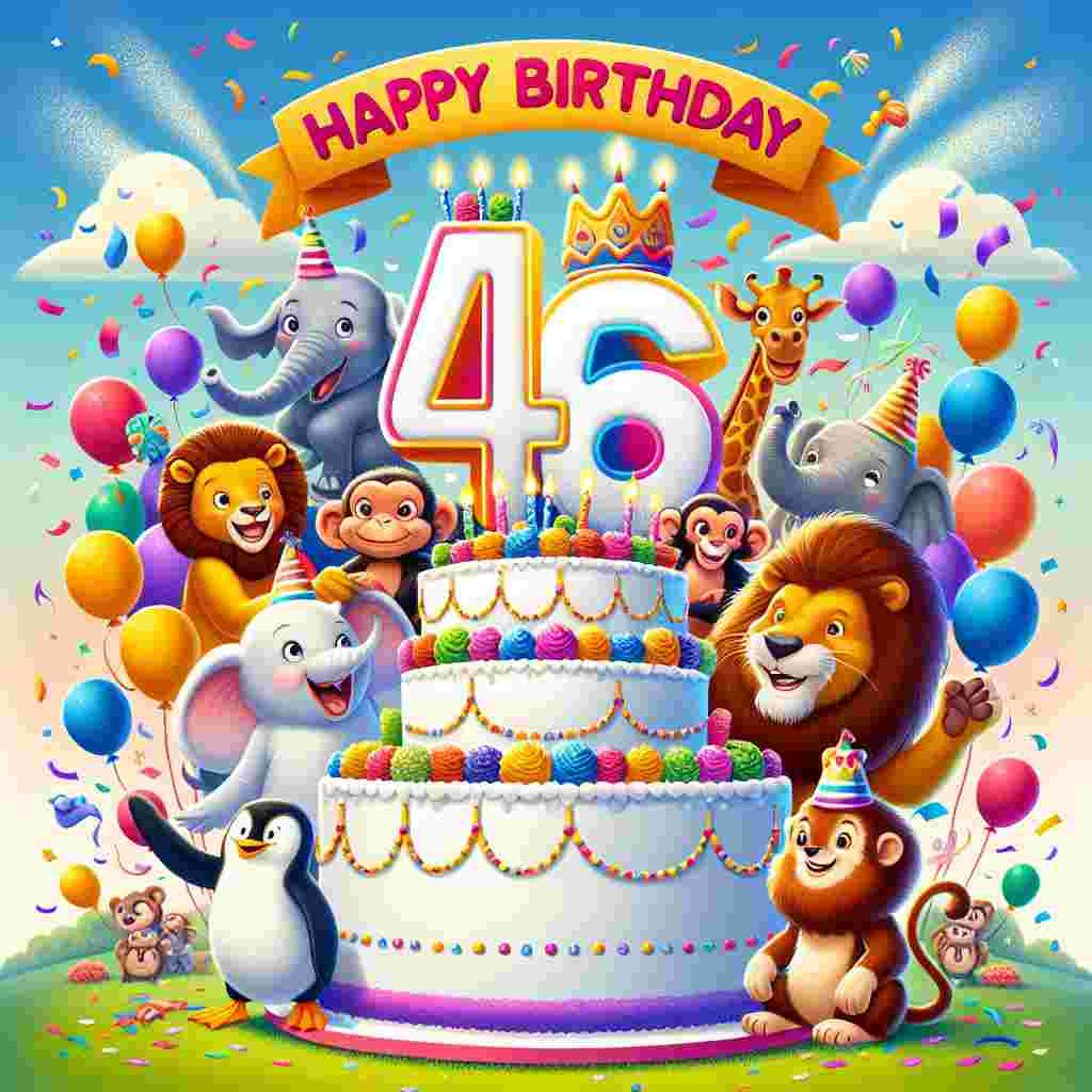 A vibrant illustration featuring a cheerful group of animated animals gathered around a large, whimsically decorated cake with '46' in bold on top. Balloons and confetti adorn the background, and 'Happy Birthday' is written in a playful font above the scene.
Generated with these themes: 46th  .
Made with ❤️ by AI.