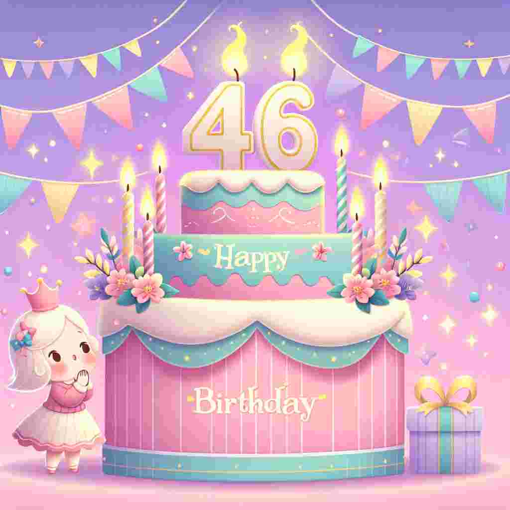 In this heartwarming illustration, a cute character blows out candles on a colorful two-tiered birthday cake, with the number '46' prominently displayed on top. The scene is framed by pastel bunting, and the words 'Happy Birthday' float like a banner in the sky.
Generated with these themes: 46th  .
Made with ❤️ by AI.