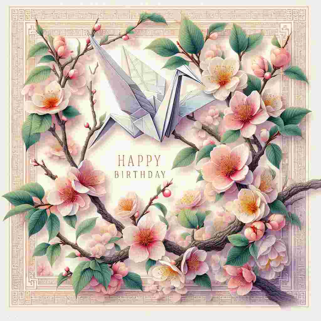 This design spotlights a charming origami crane perched on a branch of a plum tree in full blossom. Soft pastels create an inviting atmosphere, and the scene is framed by a patterned oriental border, with 'Happy Birthday' written prominently within the lush floral arrangement.
Generated with these themes: Oriental Birthday Cards.
Made with ❤️ by AI.
