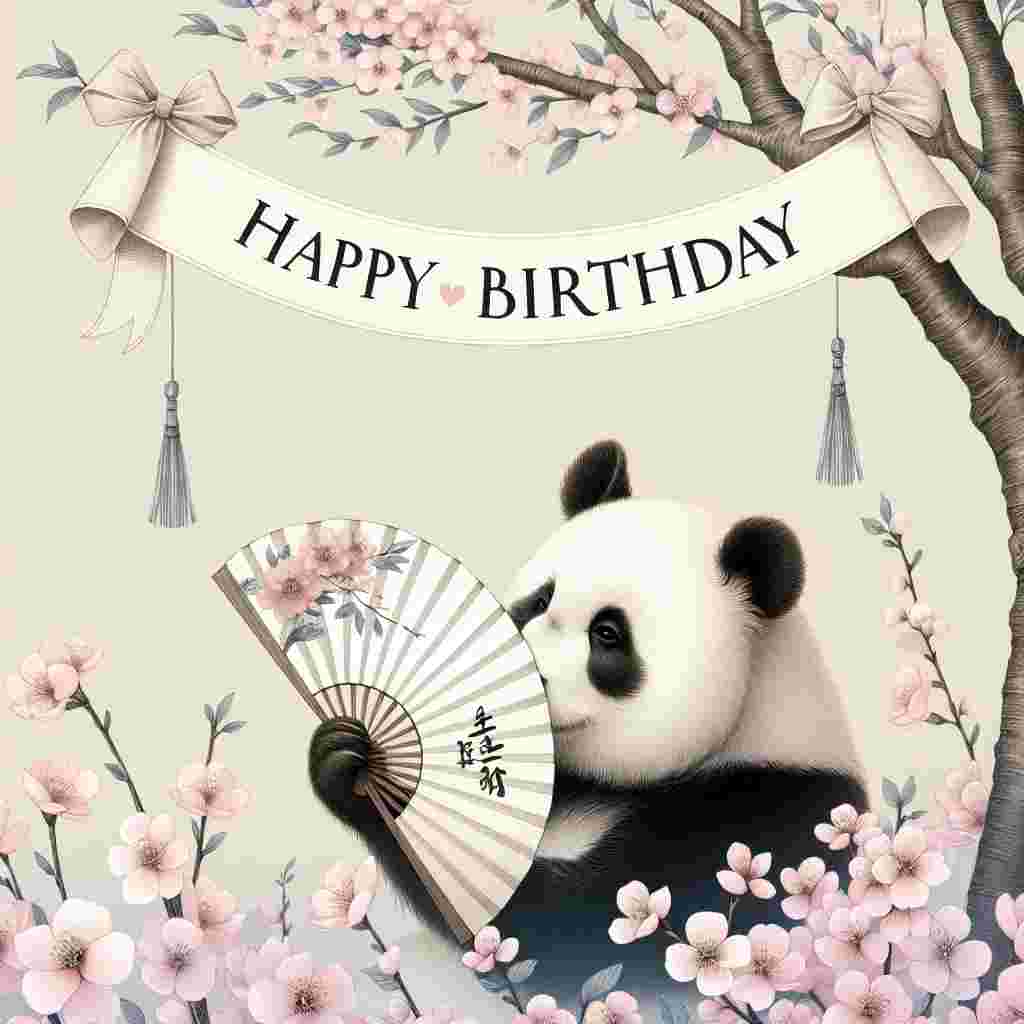 A whimsical illustration of a birthday scene with an oriental flair shows a panda holding a delicate paper fan amidst blooming cherry blossoms. A banner flutters above with 'Happy Birthday' written in stylish calligraphy, integrating seamlessly into the peaceful, festive setting.
Generated with these themes: Oriental Birthday Cards.
Made with ❤️ by AI.