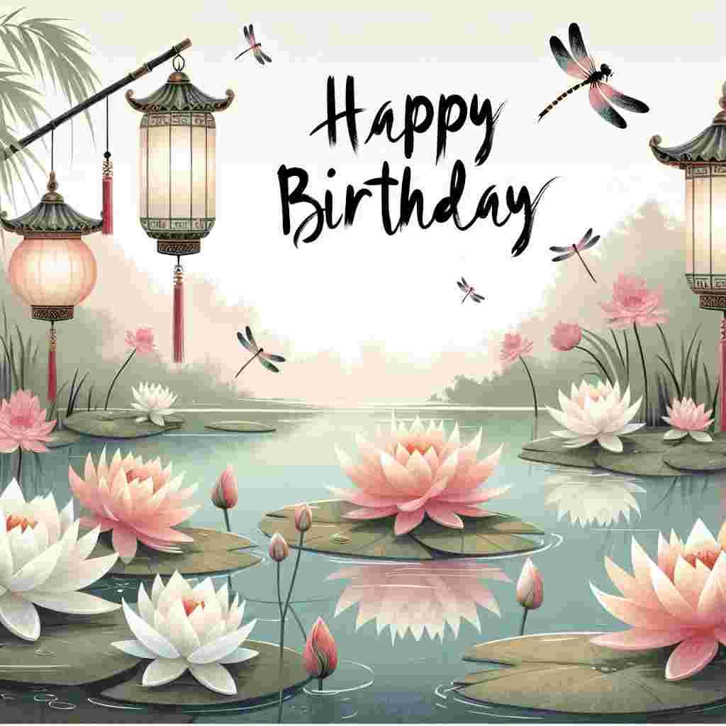 The scene features a serene Koi pond, reflecting the soft pinks and whites of surrounding lotus flowers. Dragonflies flit about, and a set of ornate, oriental lanterns hang above, illuminating the 'Happy Birthday' message scrolled elegantly across the top in a brushstroke style.
Generated with these themes: Oriental Birthday Cards.
Made with ❤️ by AI.
