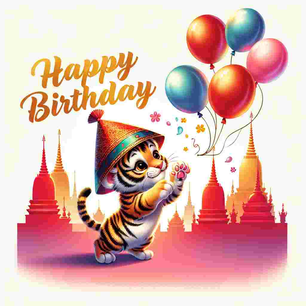 An adorable tiger cub wearing a traditional oriental cap playfully paws at floating balloons against a backdrop of red and gold temple silhouettes. Bold 'Happy Birthday' characters adorn the top of the card, standing out in a festive, matching gold script.
Generated with these themes: Oriental Birthday Cards.
Made with ❤️ by AI.