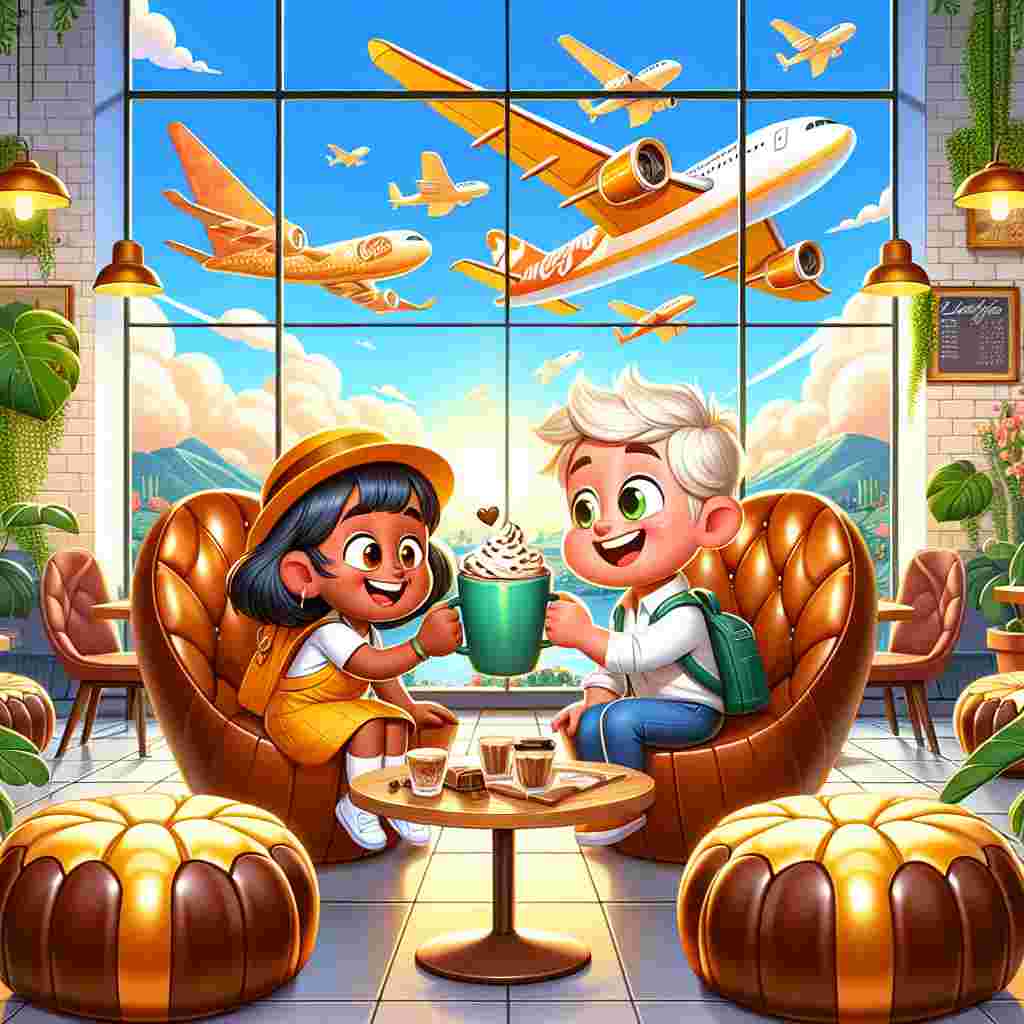 A playful and joyful cartoon illustration of a vibrant coffee shop filled with the cheerful sound of laughter and chatter. At the center are two delightful characters of different descents, one Caucasian and the other Hispanic, representing friendship. They're sharing a joyous moment of camaraderie, clinking their coffee mugs in appreciation. Adding to the interior's charm are chairs ingeniously designed to resemble Maltesers, complete with chocolate-brown cushions. Lush green indoor plants bring a touch of nature to the scene, purifying the air around. Gazing through the window, we see animated airplanes beautifully soaring in the sky, trailing the words 'Thank You' in their path, reinforcing the theme of gratitude in this picturesque scene.
Generated with these themes: Coffee, Maltesers, Chairs, Plants, Airplanes, and Friendship .
Made with ❤️ by AI.